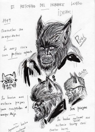 Diseños dibujados por Jacinto Molina para el maquillaje en El retorno del hombre lobo